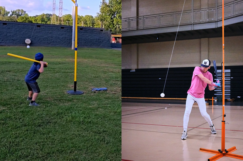 Youth baseball and softball players getting extra batting reps using a batting trainer