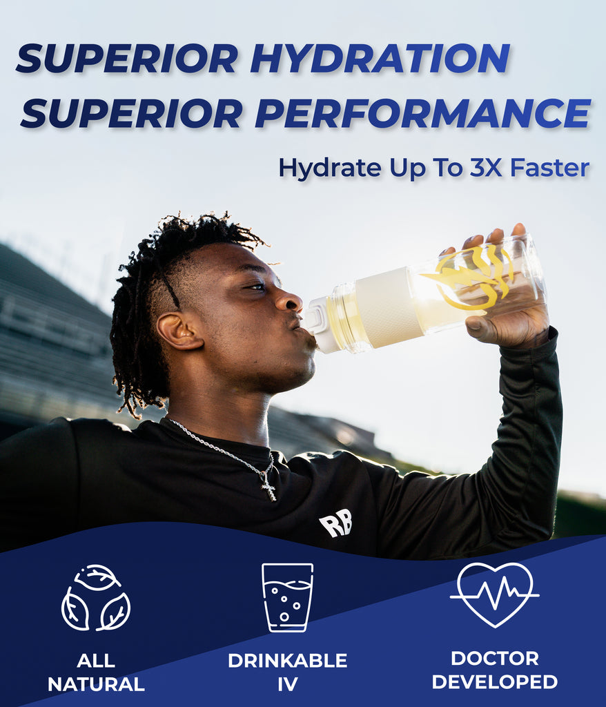 Superior hydration, superior performance. Hydrate up to 3x faster. All natural, drinkable IV, doctor developed. Image shows black male drinking lytening drink mix from sports bottle.