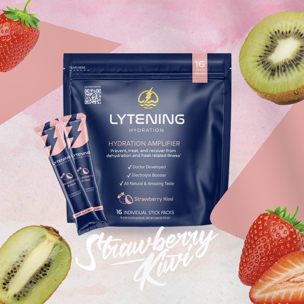 Image shows Lytening hydration strawberry kiwi flavor front packaging.