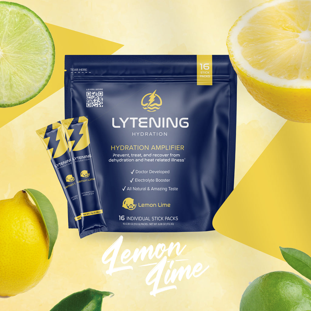 Image shows lemon lime Lytening hydration packaging.