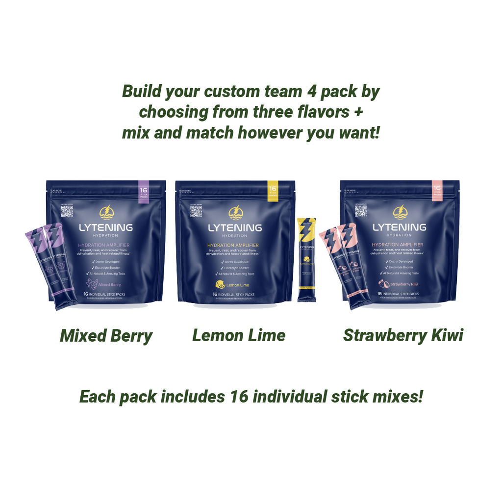 Build your custom team 4 pack by choosing from three flavors and mix and match however you want! Choose from mixed berry, lemon lime, and strawberry kiwi. Each pack includes 16 individual stick mixes!
