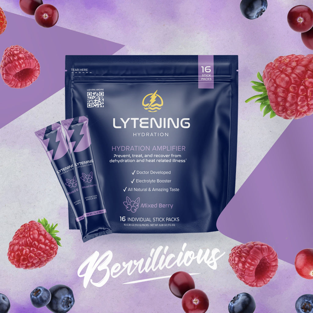 Image shows front packaging of Lytening hydration mixed berry pack.